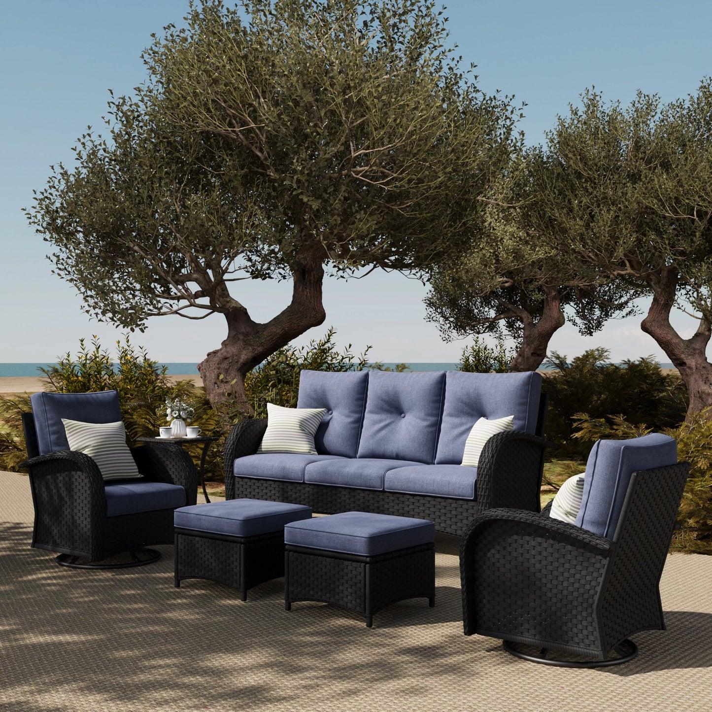 LayinSun 6 Piece Outdoor Wicker Swivel Chairs Sofa Conversation Set